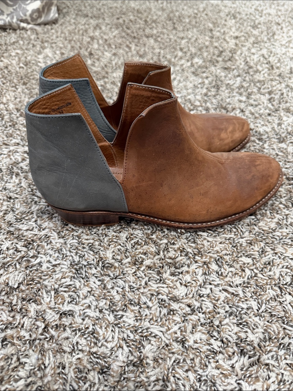 Brown Genuine Leather Ankle Booties with Gray Heel Panels
